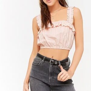 Forever 21 Light Pink & White Checkered Ruffle Crop Top